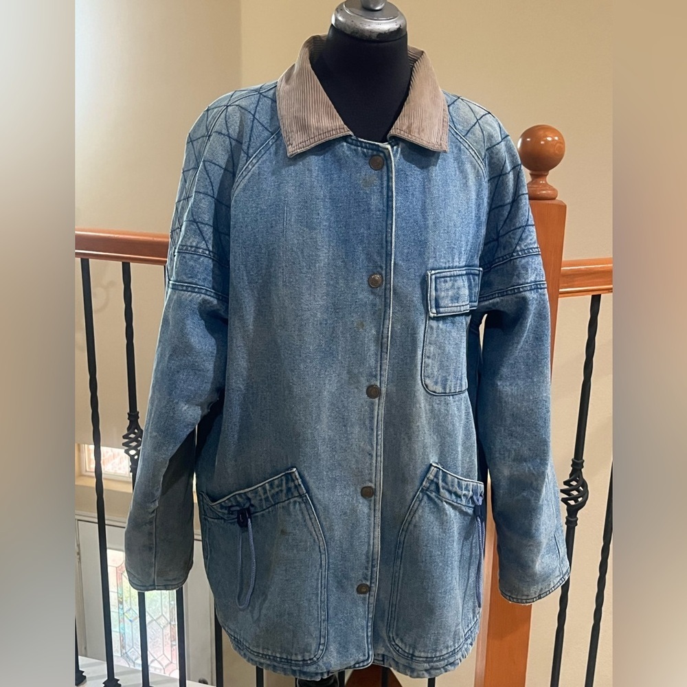 VINTAGE 80s & 90s INCROWD DENIM AND AZTEC THRASHED BARN JACKET, WOMEN SIZE L - Picture 4 of 15